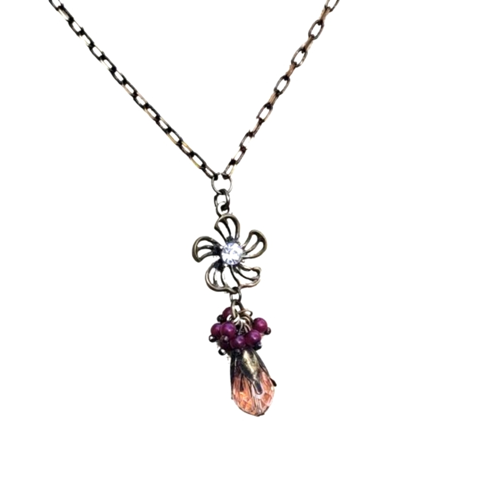 Vintage Flower Acorn Burgundy Beaded Necklace